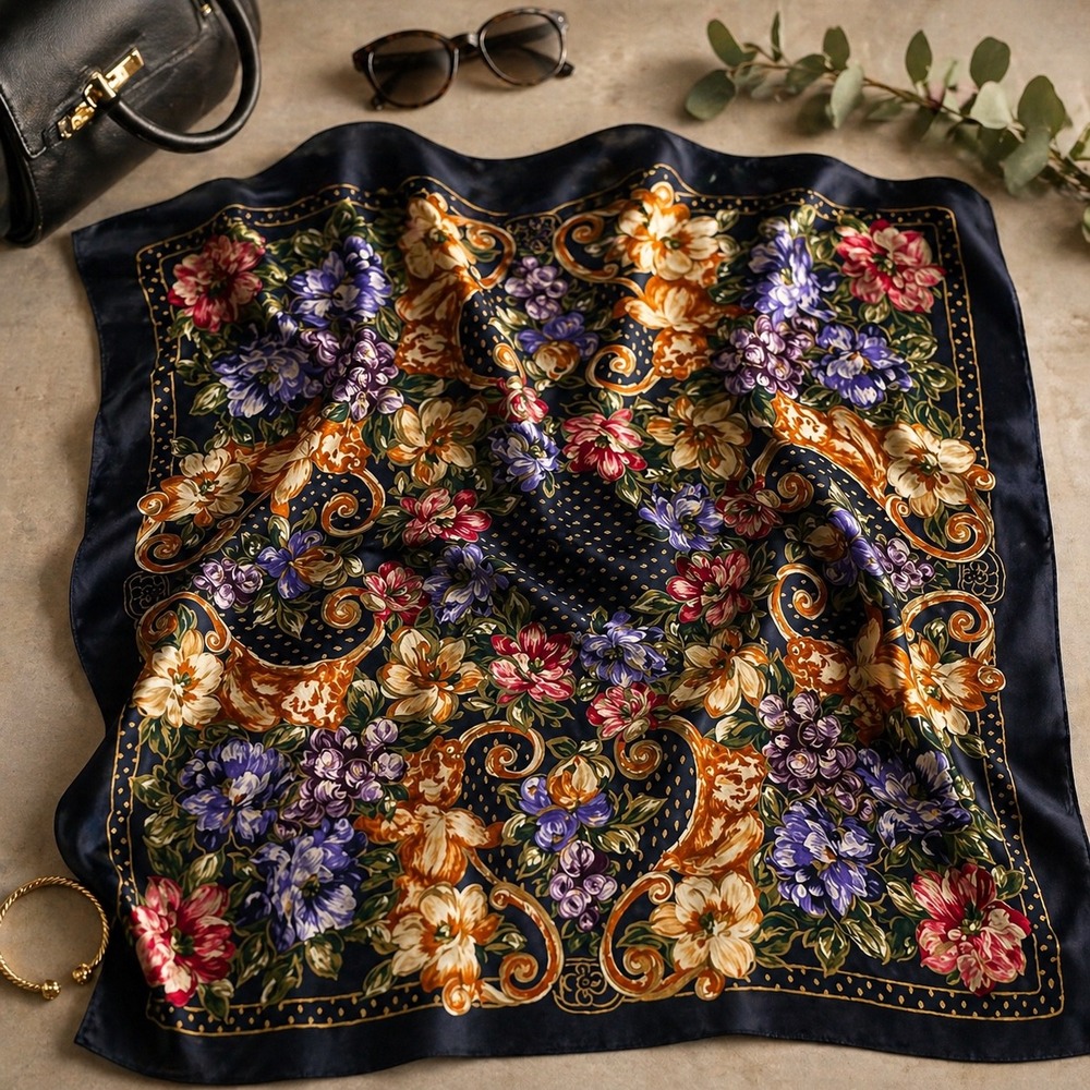Navy Blue Floral Scarf Metallic Gold Shimmer Square‎ Neck Wrap 34x34 Wildrag